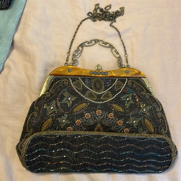 Black and Brown bag with glass iridescent beads. - Picture 4 of 10